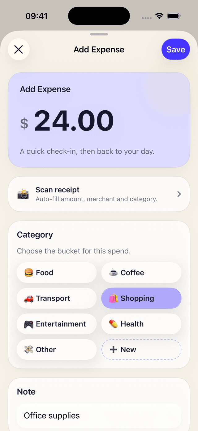 Add Expense screen with Scan receipt entry point and category picker