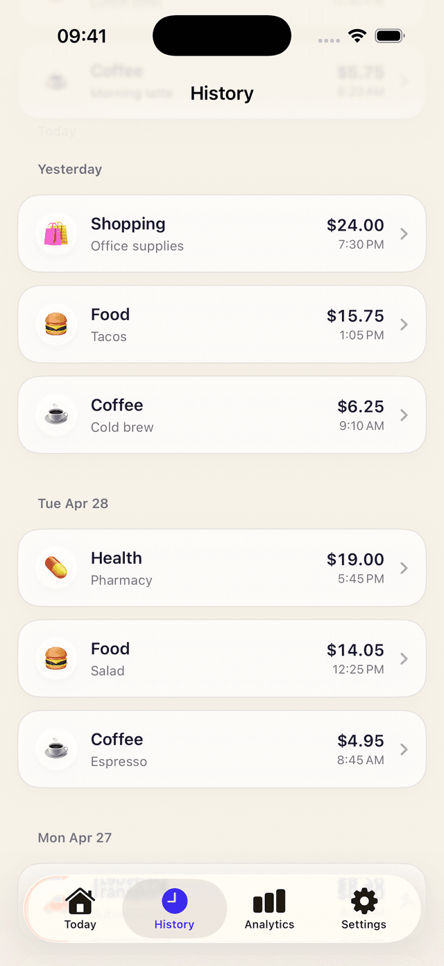 History screen grouping past expenses by day