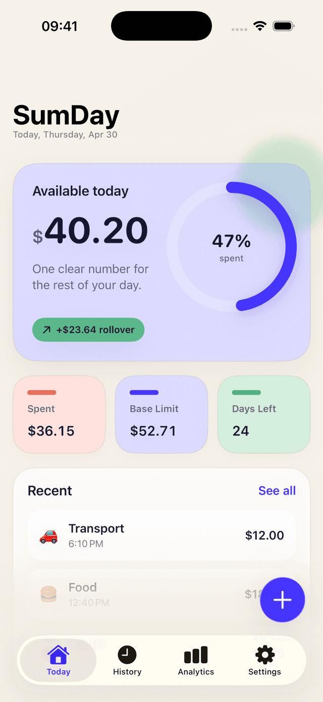 SumDay home screen showing today's available budget